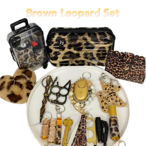 Stylish Brown Leopard Print Sel Defense Keychain Set