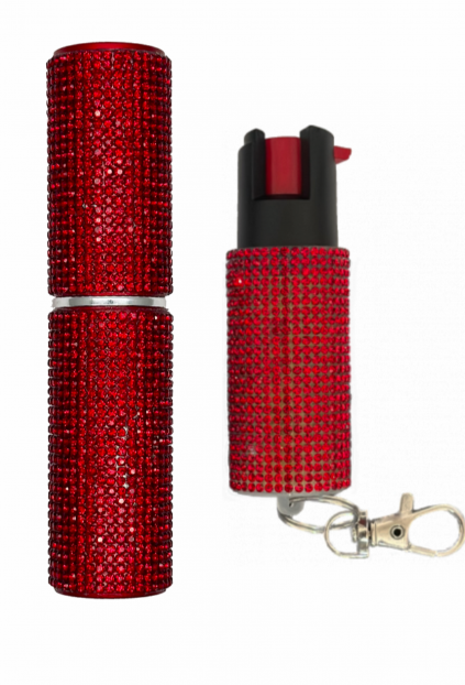 Red Rhinestones Lipstick Stun Gun and Pepper Spray Combo for Self Defense