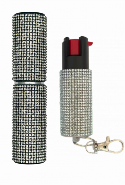 Silver Rhinestones Lipstick Stun Gun and Pepper Spray Combo for Self Defense