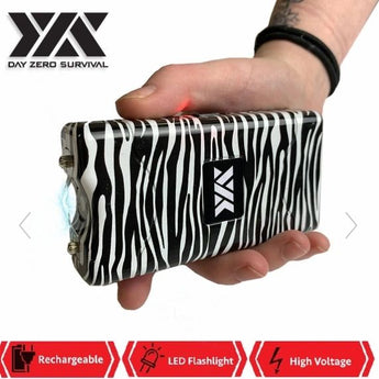 DZS 10 MILLION VOLT SELF DEFENSE ZEBRA PRINT STUN GUN RECHARGEABLE LED FLASHLIGHT - Safe At College